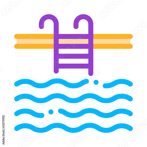 Water Swimming Pool Vector Sign Thin Line Icon. Swimming Pool With Waves, Hotel Performance Of Service Equipment Linear Pictogram. Business Hostel Items Contour Illustration