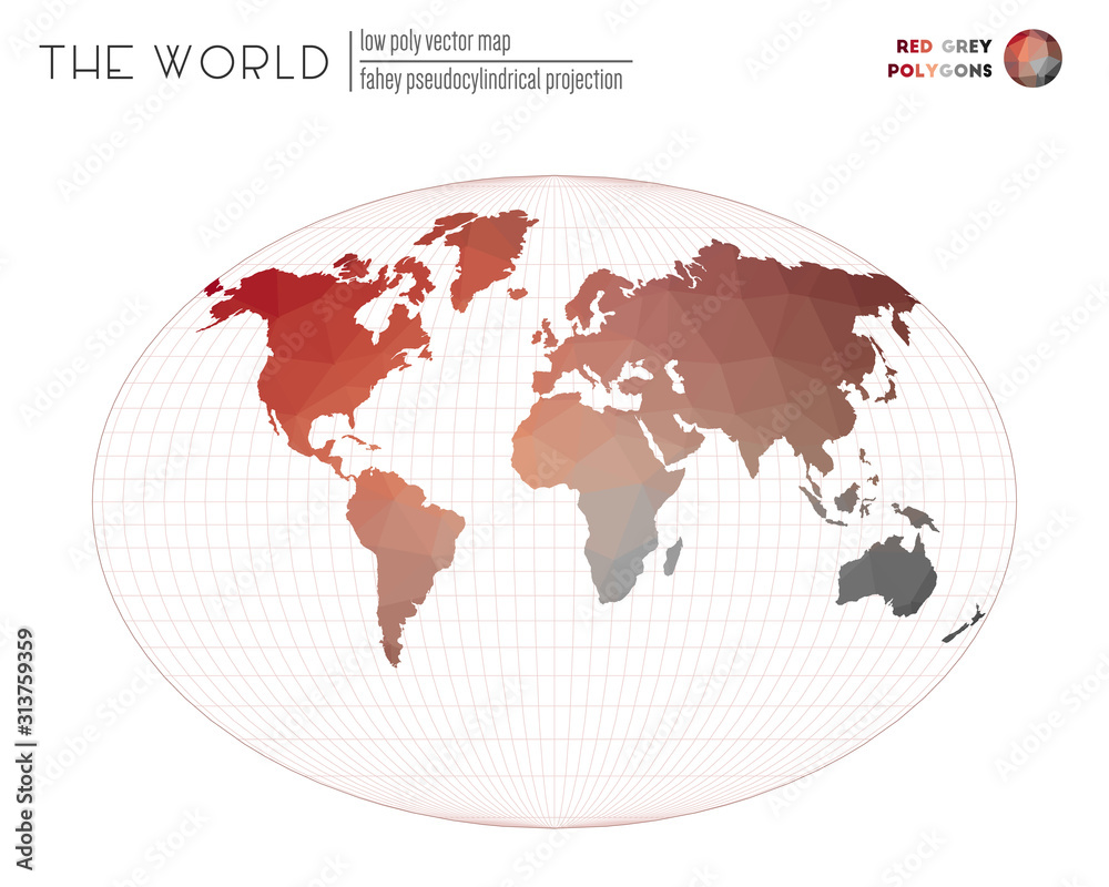Polygonal map of the world. Fahey pseudocylindrical projection of the world. Red and grey colored polygons. Awesome vector illustration. Polygonal map of the world. Fahey pseudocylindrical projection of the world. Red and grey colored polygons. Awesome vector illustration.