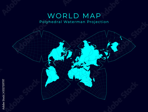 Map of the World. Steve Waterman's butterfly projection. Futuristic infographic world illustration. Bright cyan colors on dark background. Superb vector illustration.