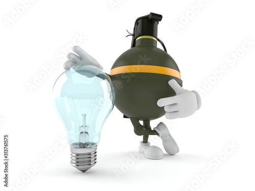 Hand grenade character with light bulb