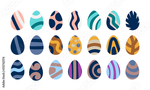 Painted Easter eggs collection. Isolated elements in in trendy 2020 colors. Flat vector illustration.
