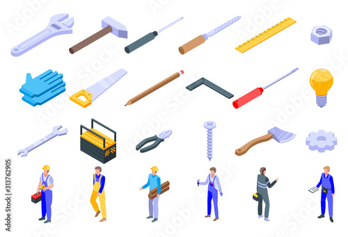 Repairman icons set. Isometric set of repairman vector icons for web design isolated on white background