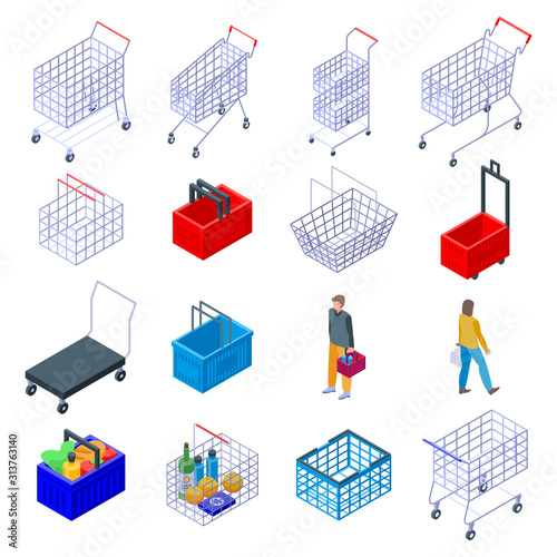 Cart supermarket icons set. Isometric set of cart supermarket vector icons for web design isolated on white background