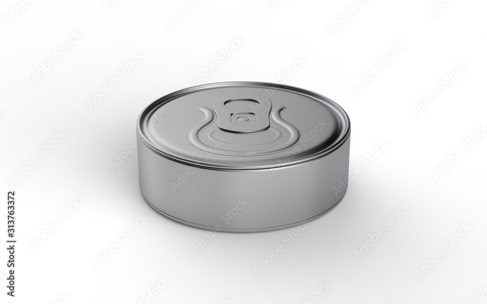Blank flat tin can food container with easy open pull ring on white background. 3d illustration Blank flat tin can food container with easy open pull ring on white background. 3d illustration