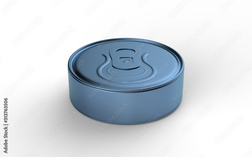 Blank flat tin can food container with easy open pull ring on white background. 3d illustration Blank flat tin can food container with easy open pull ring on white background. 3d illustration