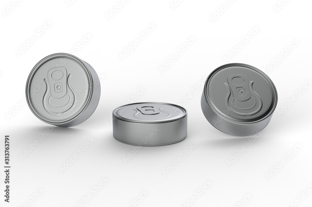 Blank flat tin can food container with easy open pull ring on white background. 3d illustration Blank flat tin can food container with easy open pull ring on white background. 3d illustration