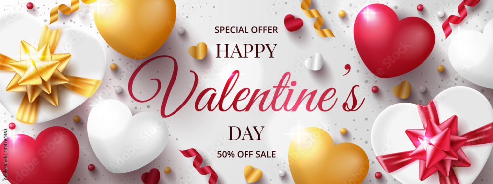 Valentine's day party poster template with 3D hearts, and gift box ...