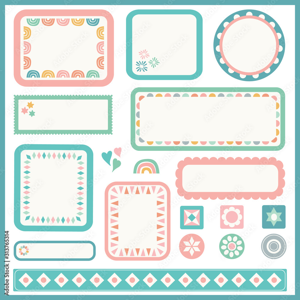 Vector frame and border set for kids. Set of cute design elements with geometric detail.