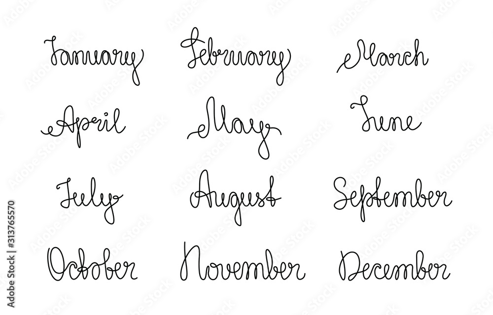 Handwritten names of months: December, January, February, March, April, May, June, July, August September, October, November, Calligraphy words for calendars, one single line on a white background.