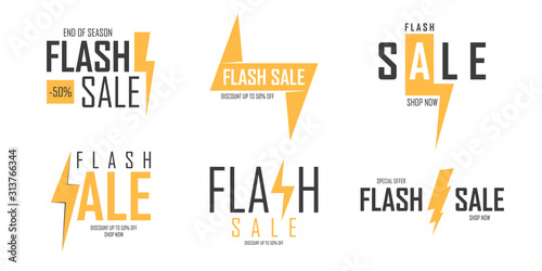 Flash Sale promotional labels templates set. Special offer text design with lightning bolt for discount shopping, sale promotion and advertising. Based on the Agency FB. Vector illustration.