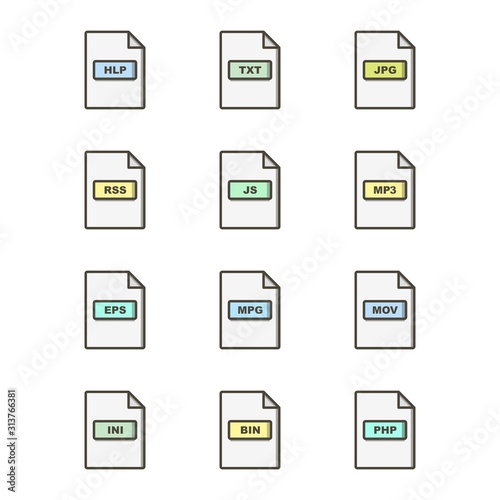 12 Set Of file formats icons isolated on white background... photo