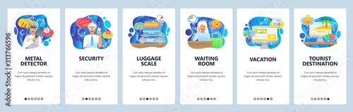 Planning travel and tropical beach vacation, security control, luggage scale. Mobile app onboarding screens. Menu vector banner template for website mobile development. Web site design illustration