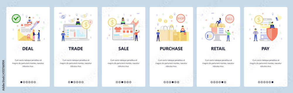 Business icons, signed deal, sale, shopping bags, retail shop, secure mobile payment. App onboarding screens. Menu vector banner template for website and mobile. Web site design flat illustration