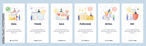 Business icons, signed deal, sale, shopping bags, retail shop, secure mobile payment. App onboarding screens. Menu vector banner template for website and mobile. Web site design flat illustration