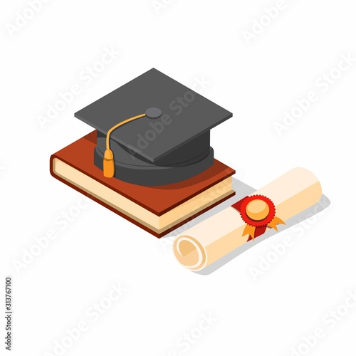 University student cap with book and paper roll ribbon achievement, symbol for graduate and education illustration in isometric flat style eps 10 editable vector 
