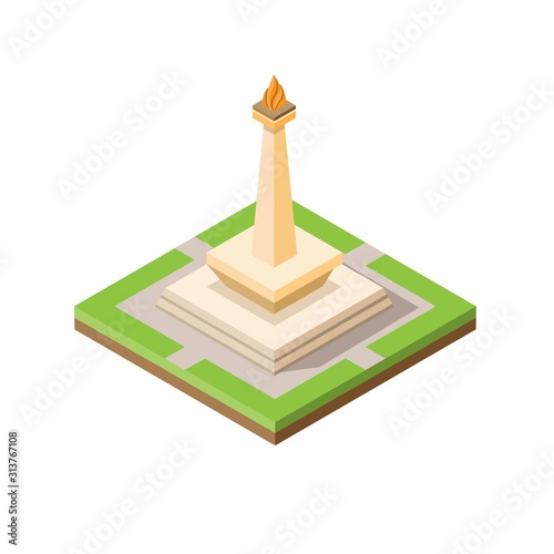 monas jakarta, indonesia landmark building illustration in isometric flat style eps 10 editable vector