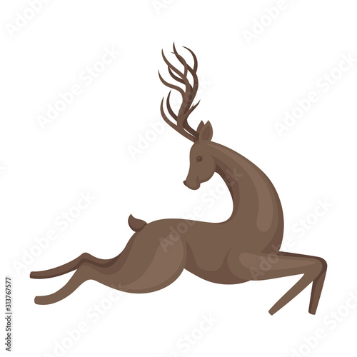 Forest Graceful Deer with Antlers in Running Pose Vector Illustration. Wildlife of Forest Mammals Concept
