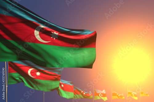 cute labor day flag 3d illustration. - many Azerbaijan flags on sunset placed diagonal with selective focus and space for your text