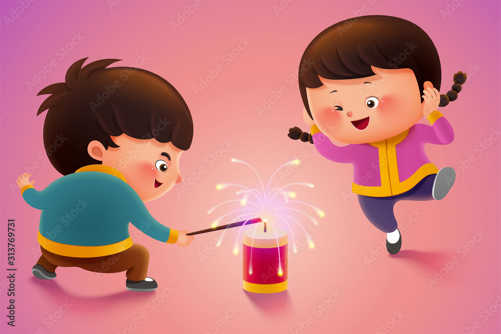 Cute children lighting firecrackers