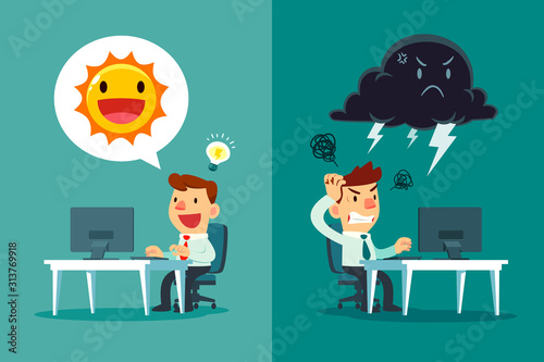 happy businessman with sun symbol and frustrated businessman with thunder cloud symbol