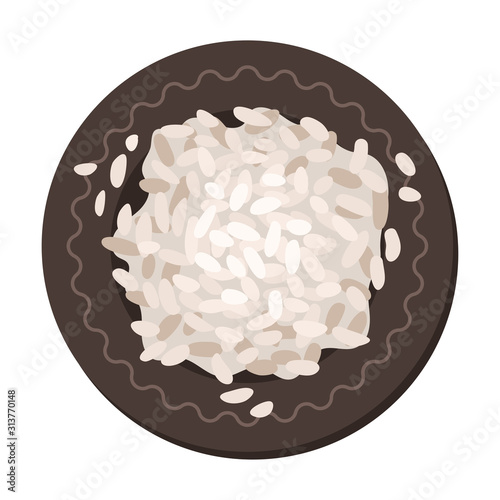 White Dried Rice in Ceramic Plate, View from Above Vector Illustration