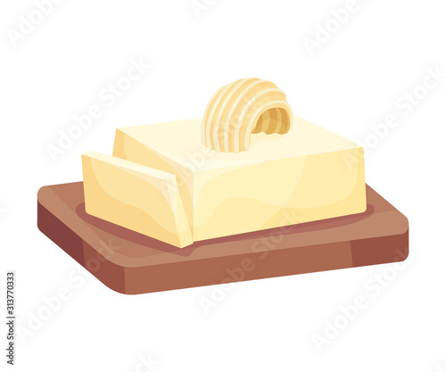 Piece of Butter on a Wooden Board, Healthy Fresh Dairy Product Vector Illustration