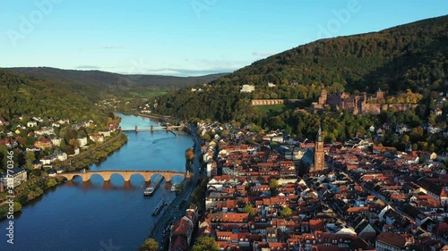 Heidelberg skyline aerial view from above. Heidelberg skyline aerial view of old town river and bridge, Germany. Aerial View of Heidelberg, Germany Old Town. Video of the aerial view of Heidelberg.
