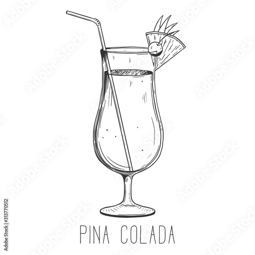 Alcoholic cocktail - pina colada isolated on white background. Hand-drawn vector illustration