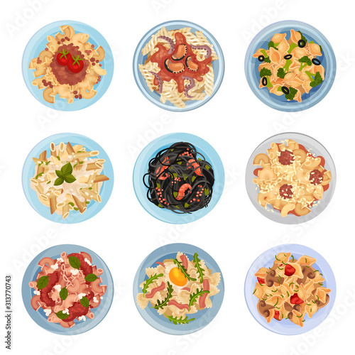 Different Pasta Served on Plate Top View Vector Set