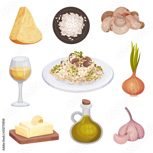 Mushroom Risotto, Italian Food Dish with Cooking Ingredients Vector Illustration