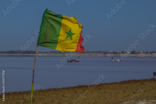 SenegaleSenegalese flag on Lac Rose or Lake Retba in Senegal. Pink lake showing natural beauty and rich color on a sunny day. View of the ragged flag and some tse flag on Lake Retba in Dakar, Senegal. photo