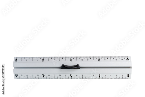 Gray metal ruler with handle. Measuring instrument.