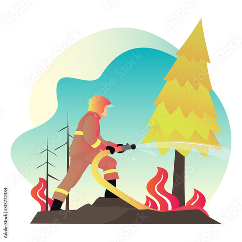 Young fireman fighter fight with a blaze in the middle of the forest when summer season coming