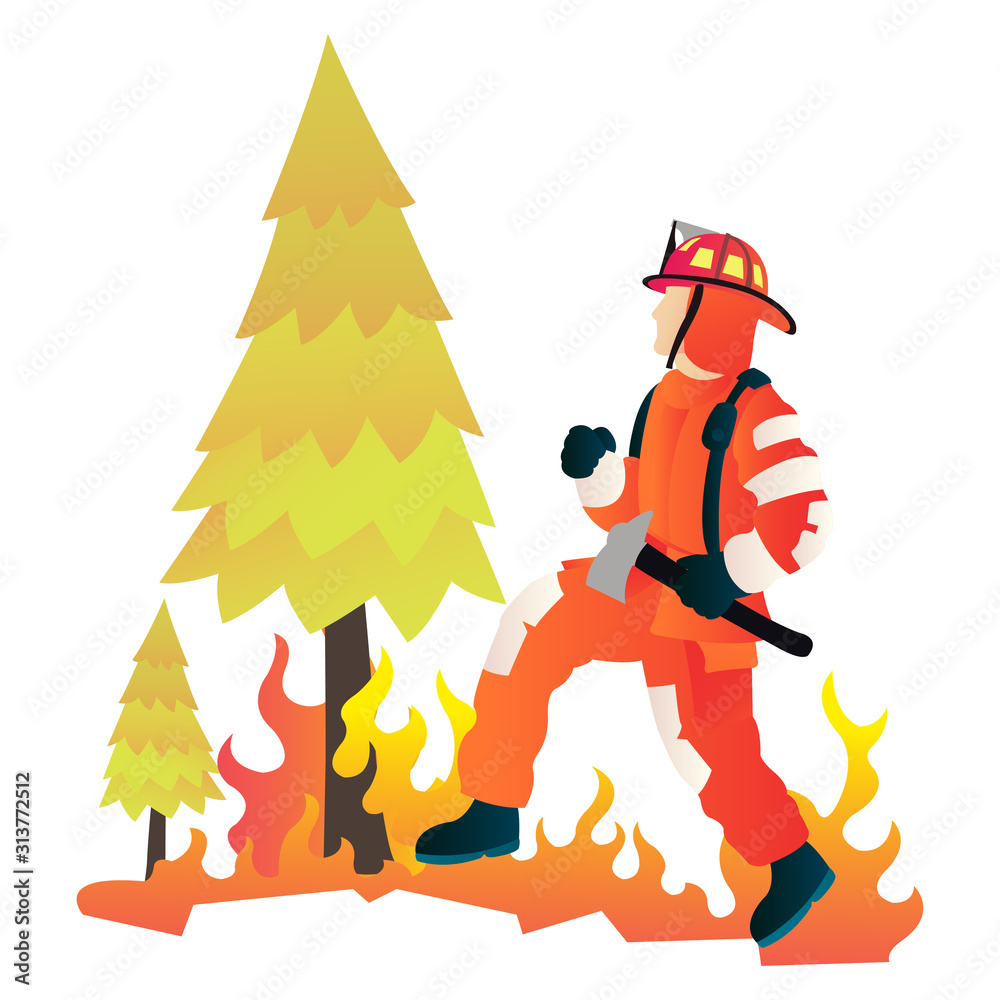 Fireman fighting with blaze in a forest, firemen use a safety uniform ...