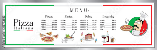 Italian pizza restaurant menu template - price list/ banner (pizzas, pastas, desserts, drinks) - 200 x 60 cm