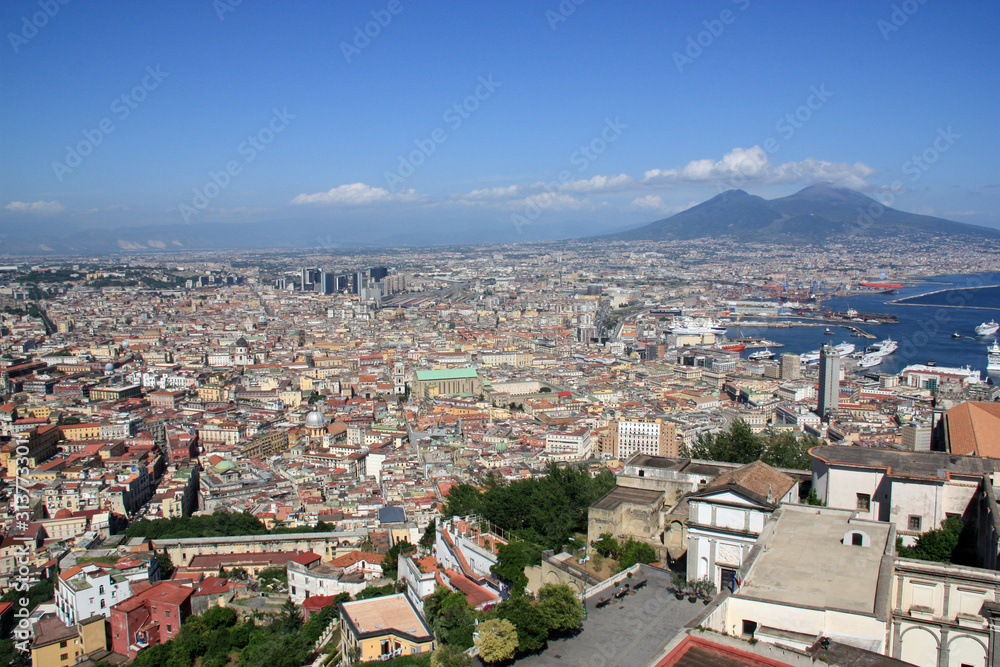 Stunning view of Napoli with Mount Vesuvius in the background - seen from the Castel Sant'Elmo in Naples, Italy