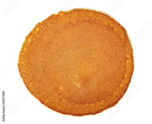 Single pancake isolated on a white background, top view.
