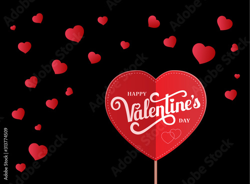 Bright Festive night background with hearts for wedding or for Valentine s day greeting card. A big paper heart with text and a lot of little ones.