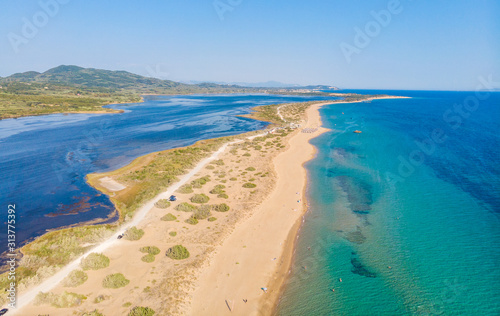 Aerial drone view of Halikounas Beach and Lake Korission  Corfu island  Ionian Sea  Greece