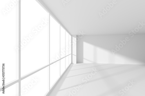 Empty white office business room with sunlight from large windows.