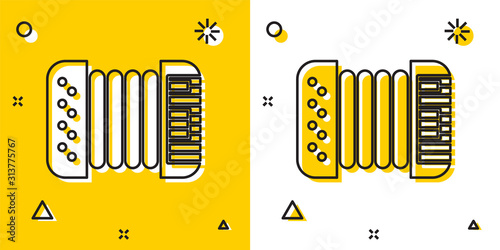 Black Musical instrument accordion icon isolated on yellow and white background. Classical bayan, harmonic. Random dynamic shapes. Vector Illustration