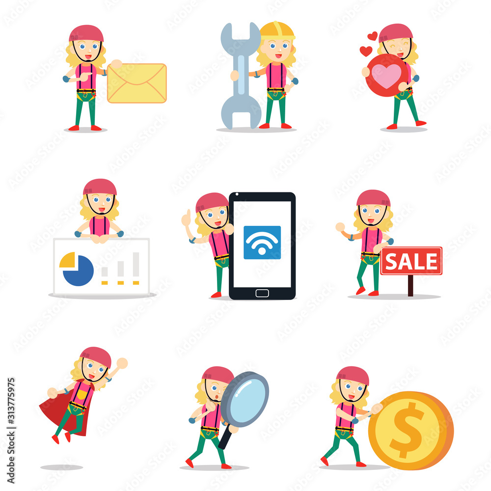 Set of character climber woman with leaving trail. Set of character climber woman with leaving trail.