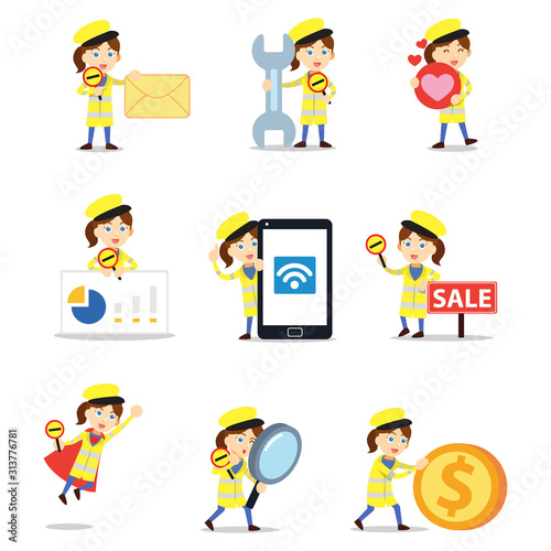 Set of character female crossing guard in regulate road safety.