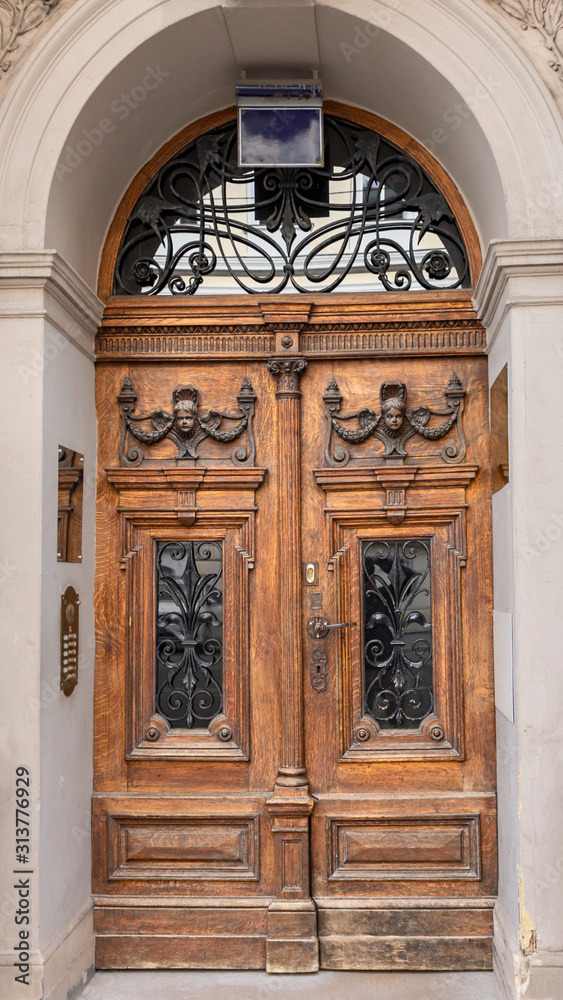 wooden door with beautiful decorative metal bars in the historical part of Vienna