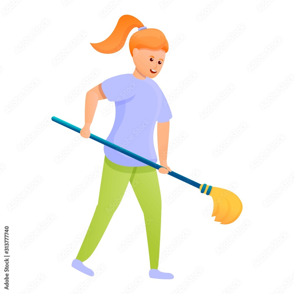 Girl take cleaning mop icon. Cartoon of girl take cleaning mop vector icon for web design isolated on white background Girl take cleaning mop icon. Cartoon of girl take cleaning mop vector icon for web design isolated on white background