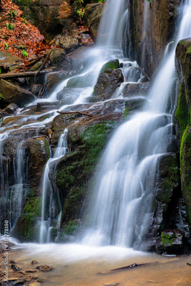 Fototapeta premium waterfall skakalo in the forests of transcarpathia. rapid water stream runs down the huge boulders. clear water of carpathian nature in springtime. long exposure