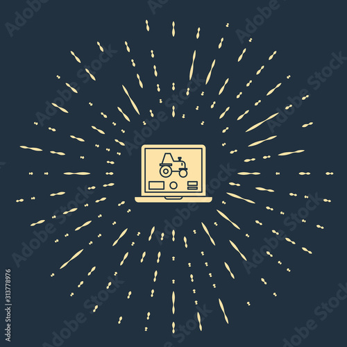 Beige Laptop application for control a autonomous tractor on a smart farm icon isolated on blue background. Smart agriculture implement. Abstract circle random dots. Vector Illustration