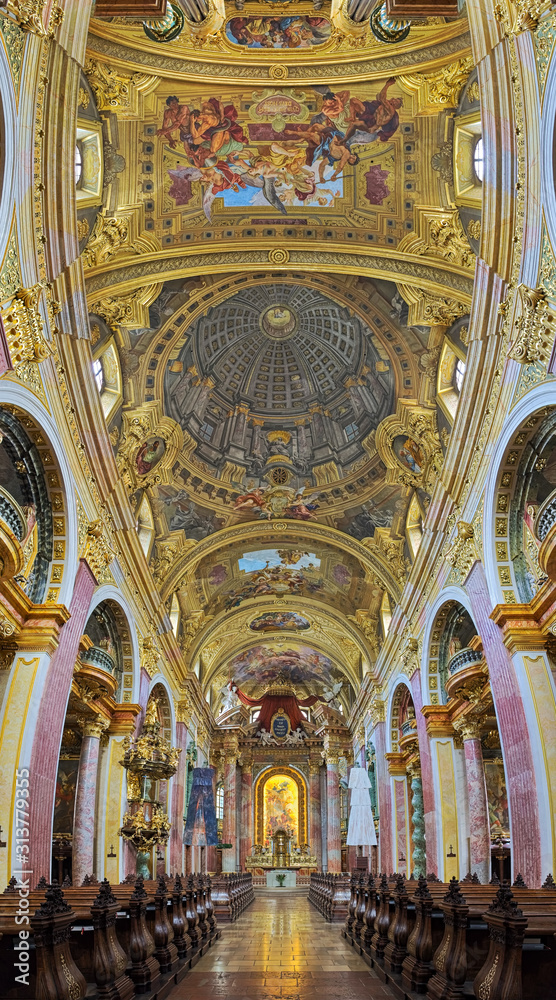 Vertical panorama of interior of Jesuit Church in Vienna, Austria. Also known as the University Church, it was built in 1623-1627 and was remodeled by Andrea Pozzo in 1703-1705.