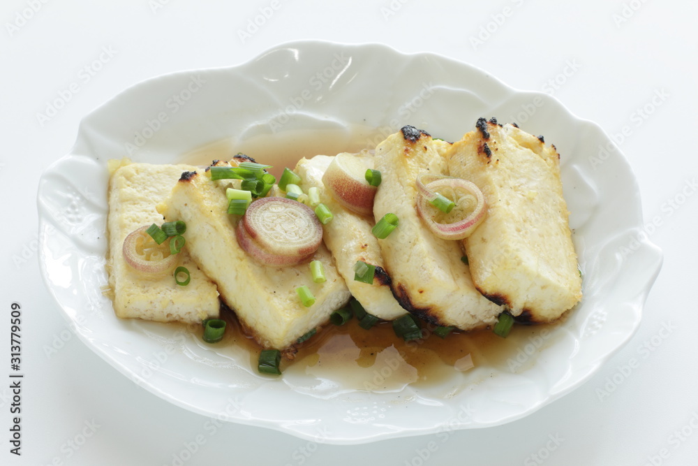 Pan fried tofu and scallion with soy sauce for healthy food image