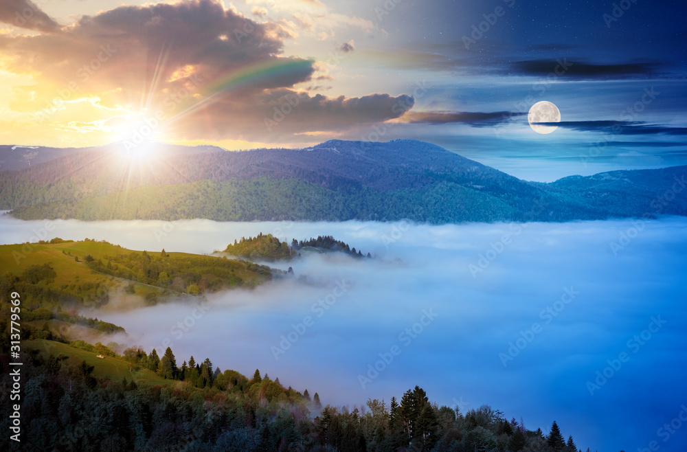 time change concept with sun and moon above mountainous countryside. valley full of rising fog. green foliage on trees. wonderful nature scenery in springtime - obrazy, fototapety, plakaty 